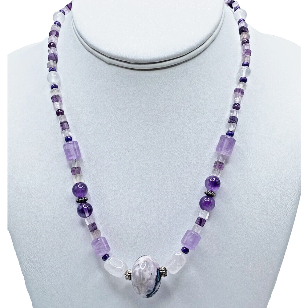 Artisan Handcrafted Amethyst Quartz Purple Dyed Agate Beaded Necklace Pretty 18"